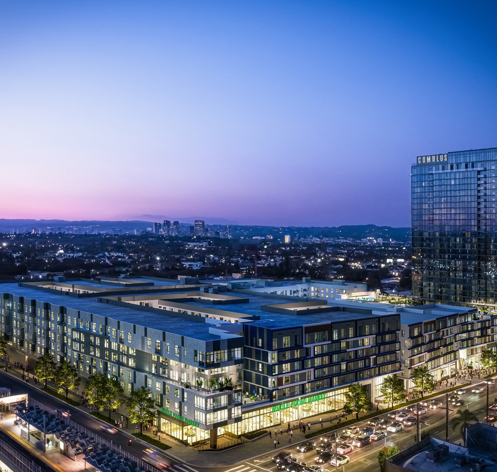 Exterior shot of new cumulus high-rise apartment building and commercial development