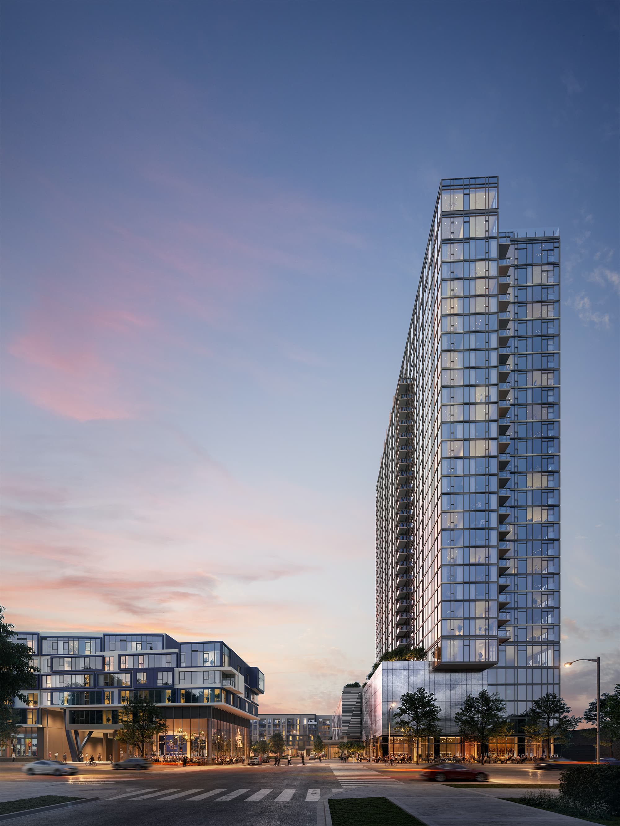 Exterior shot of new cumulus high-rise apartment building and commercial development
