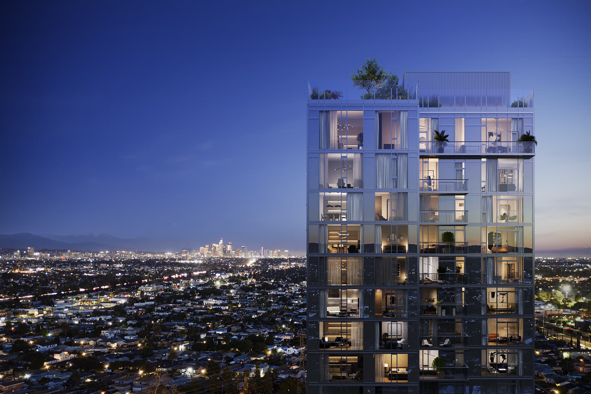 Cumulus District ARQ tower at night with downtown LA in background